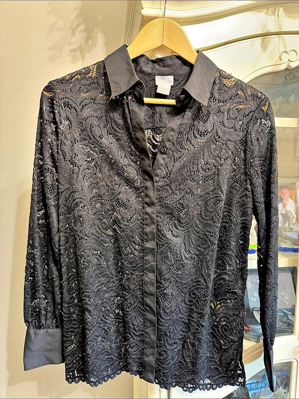 Chico's Black Lace Long Sleeve Button-Down